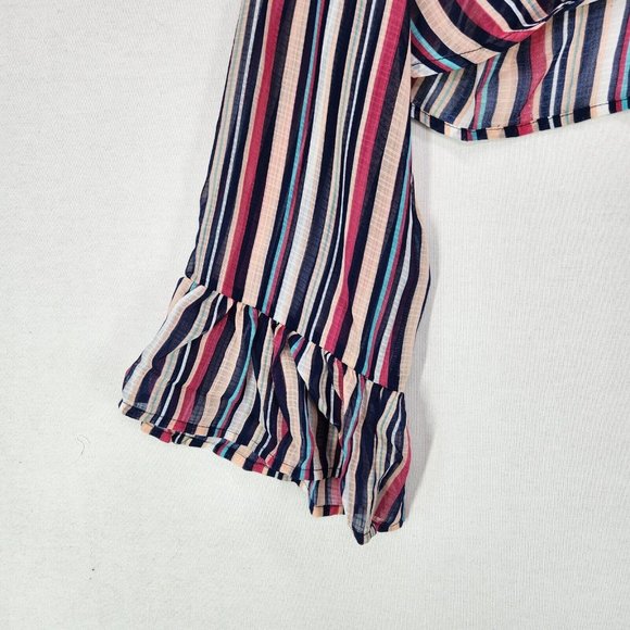 Guess Cropped Top Womens Large Sheer Long Sleeve Ruffle Striped Tie Front - Picture 4 of 9